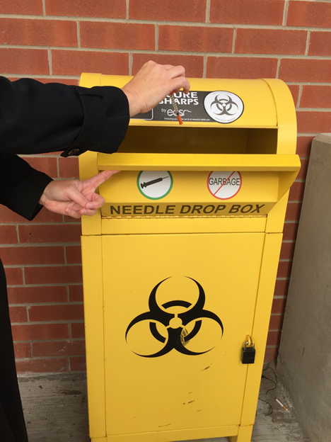Photo showing a person (hands only) dropping a needle into a yellow sharps container. The container has labels on it: "NEEDLE DROP BOX" and "No Garbage".